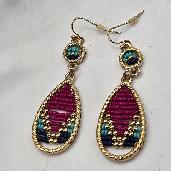 "5/$25" Pink/Turquoise Boho Seed Bead Goldtone Teardrop Dangle Earrings - Picture 3 of 5